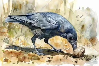 Watercolor Illustration Of A Raven Inspecting A Nut