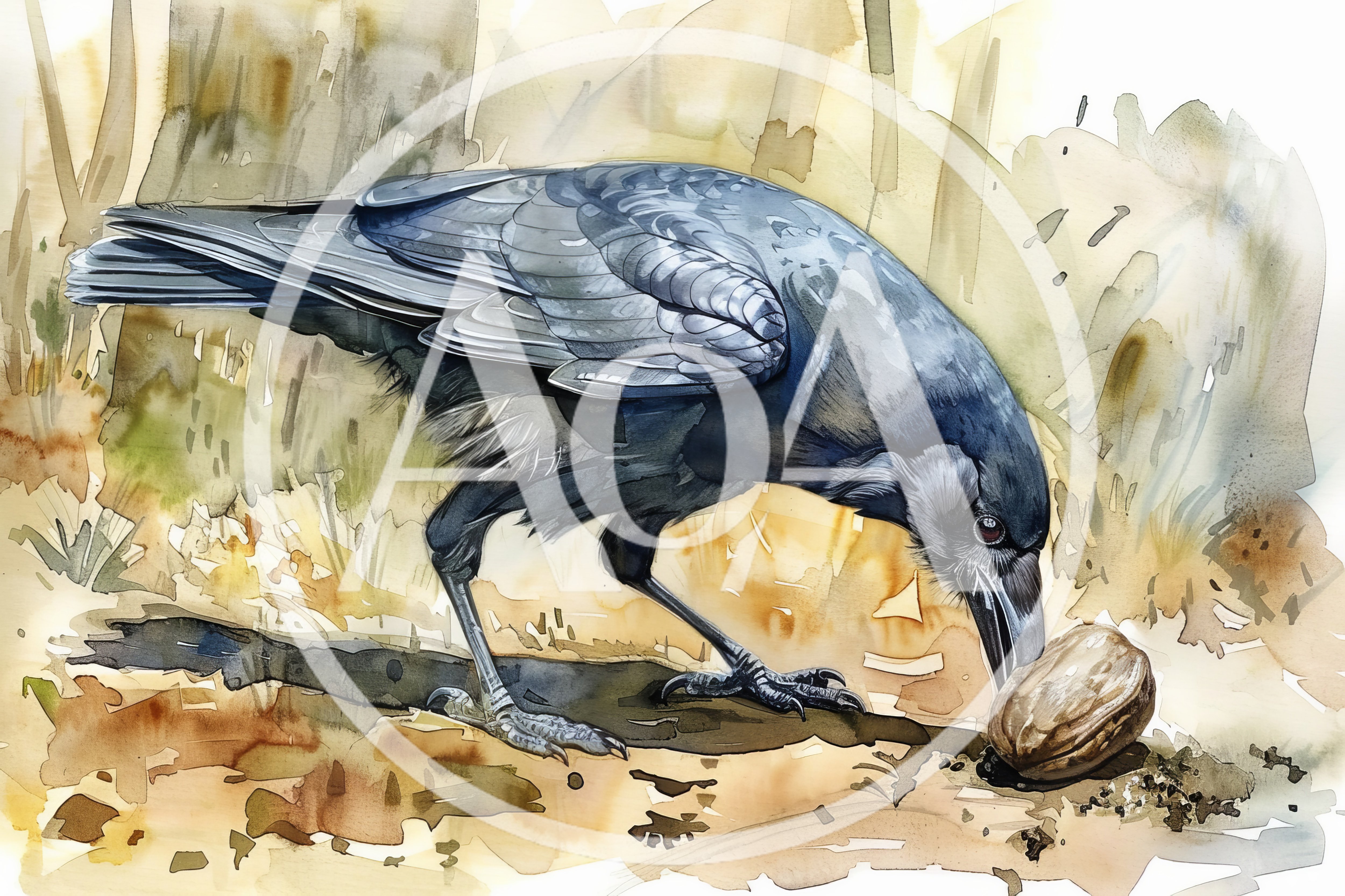 Watercolor Illustration Of A Raven Inspecting A Nut