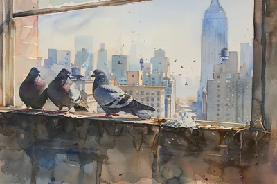 Three Pigeons Perched On A City Window Ledge