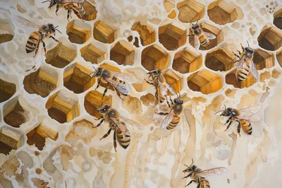 Watercolor Painting Of Honeybees On A Honeycomb