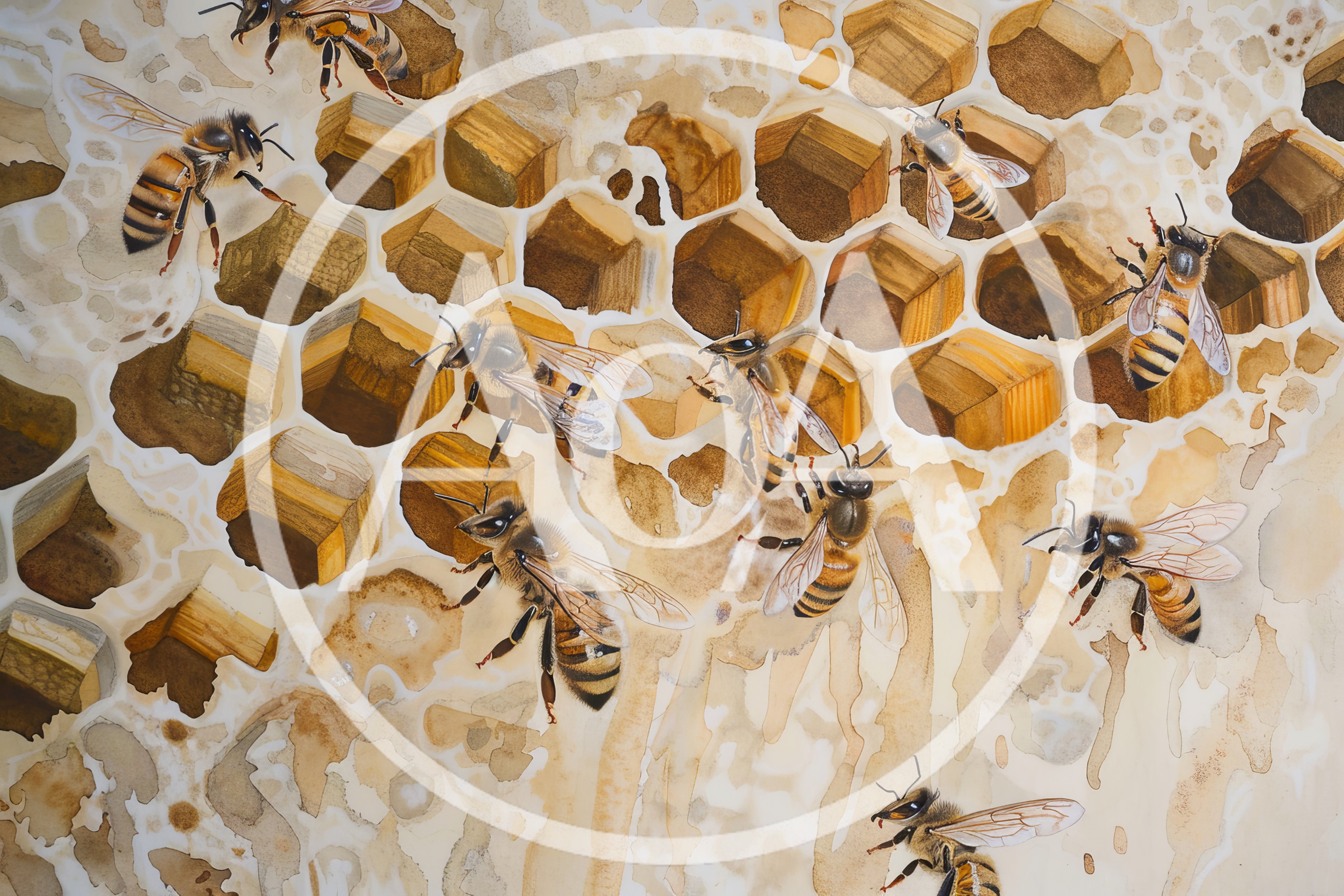 Watercolor Painting Of Honeybees On A Honeycomb