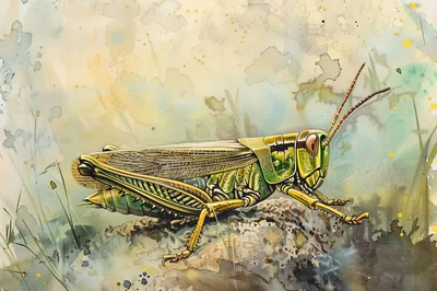 Watercolor Illustration Of A Green Grasshopper On Rock
