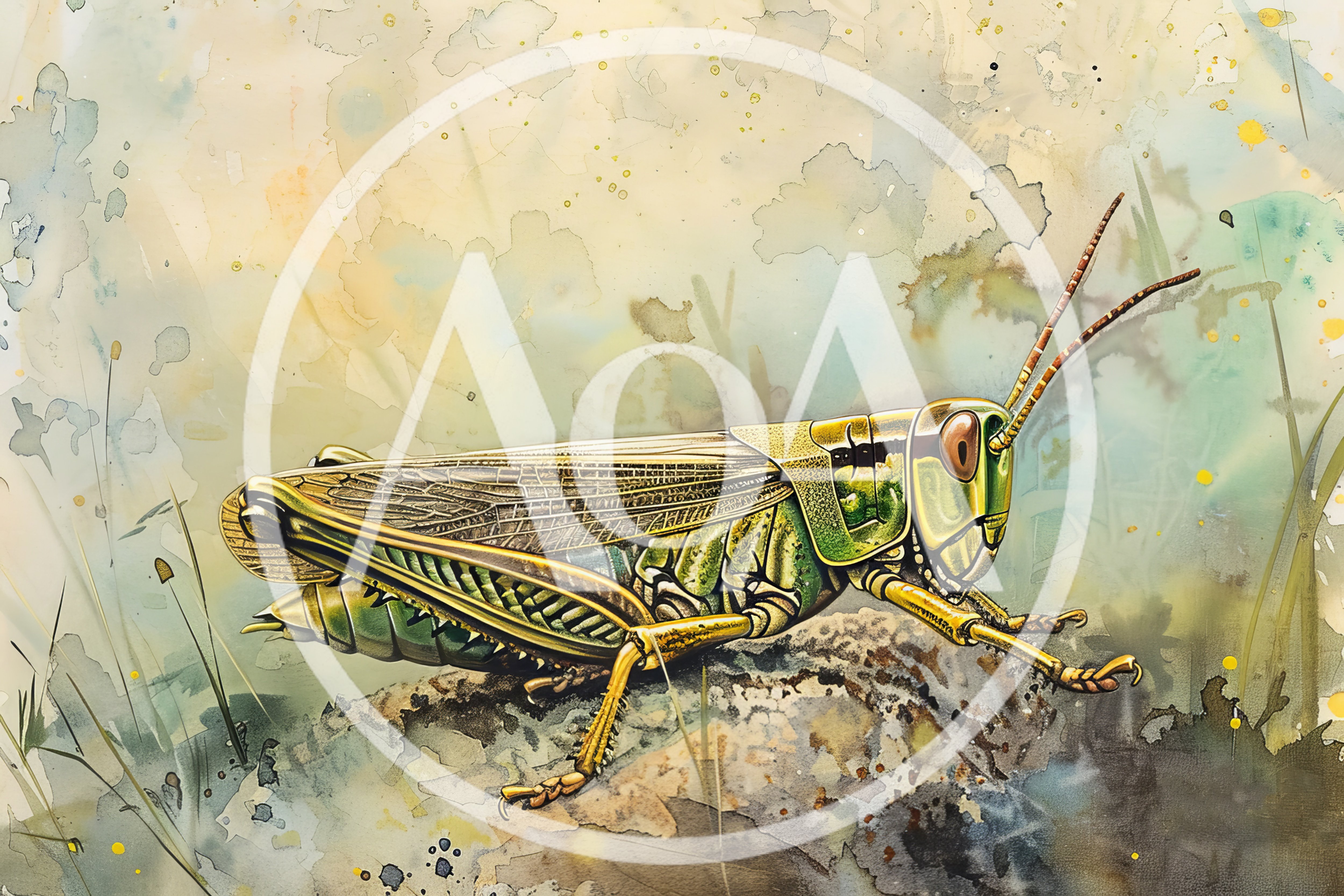 Watercolor Illustration Of A Green Grasshopper On Rock