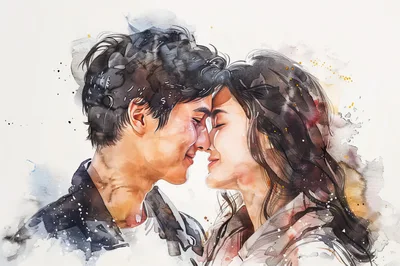 Watercolor Illustration Of A Romantic Couple Touching Noses