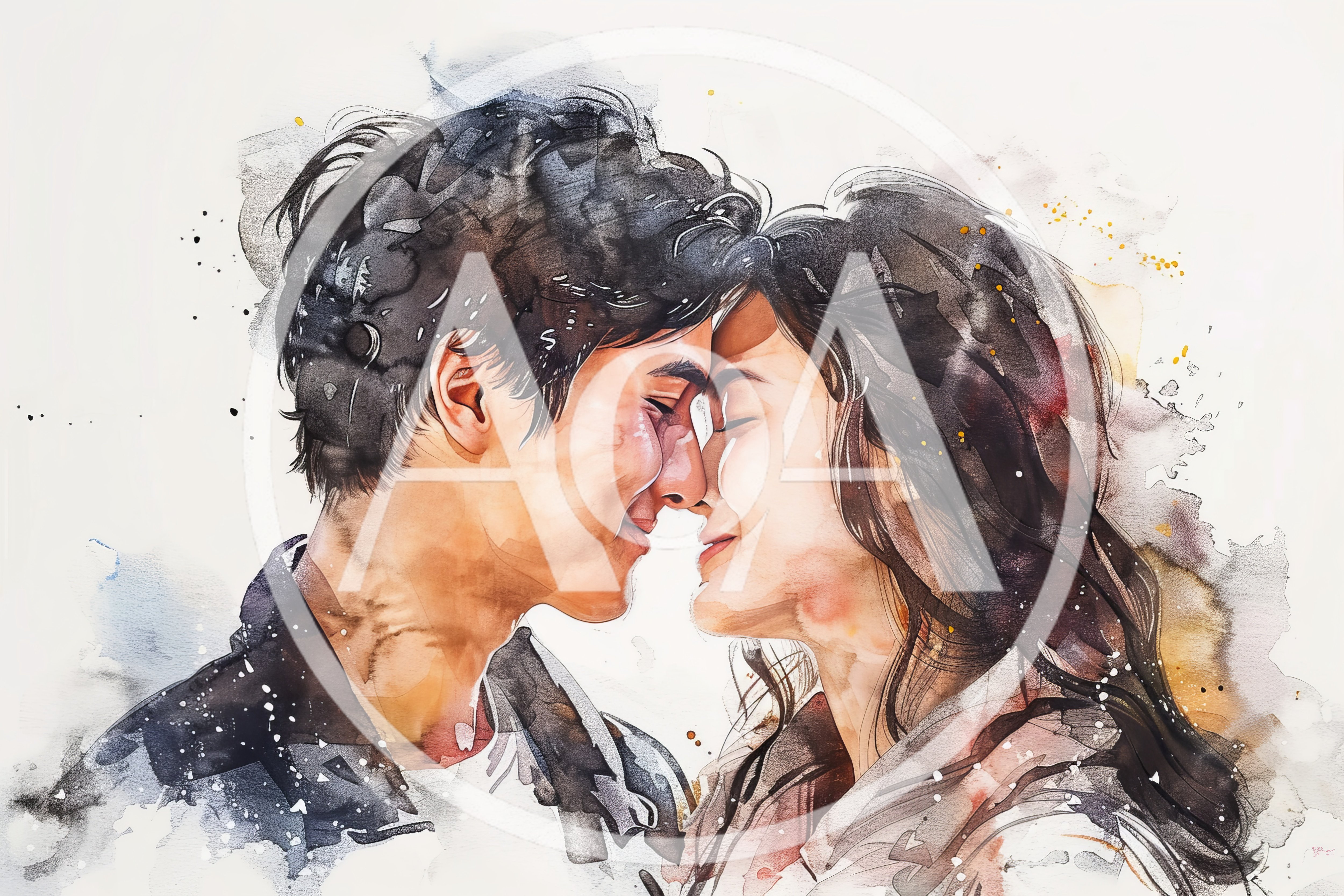 Watercolor Illustration Of A Romantic Couple Touching Noses