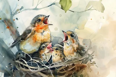 Watercolor Illustration Of Three Baby Birds In A Nest