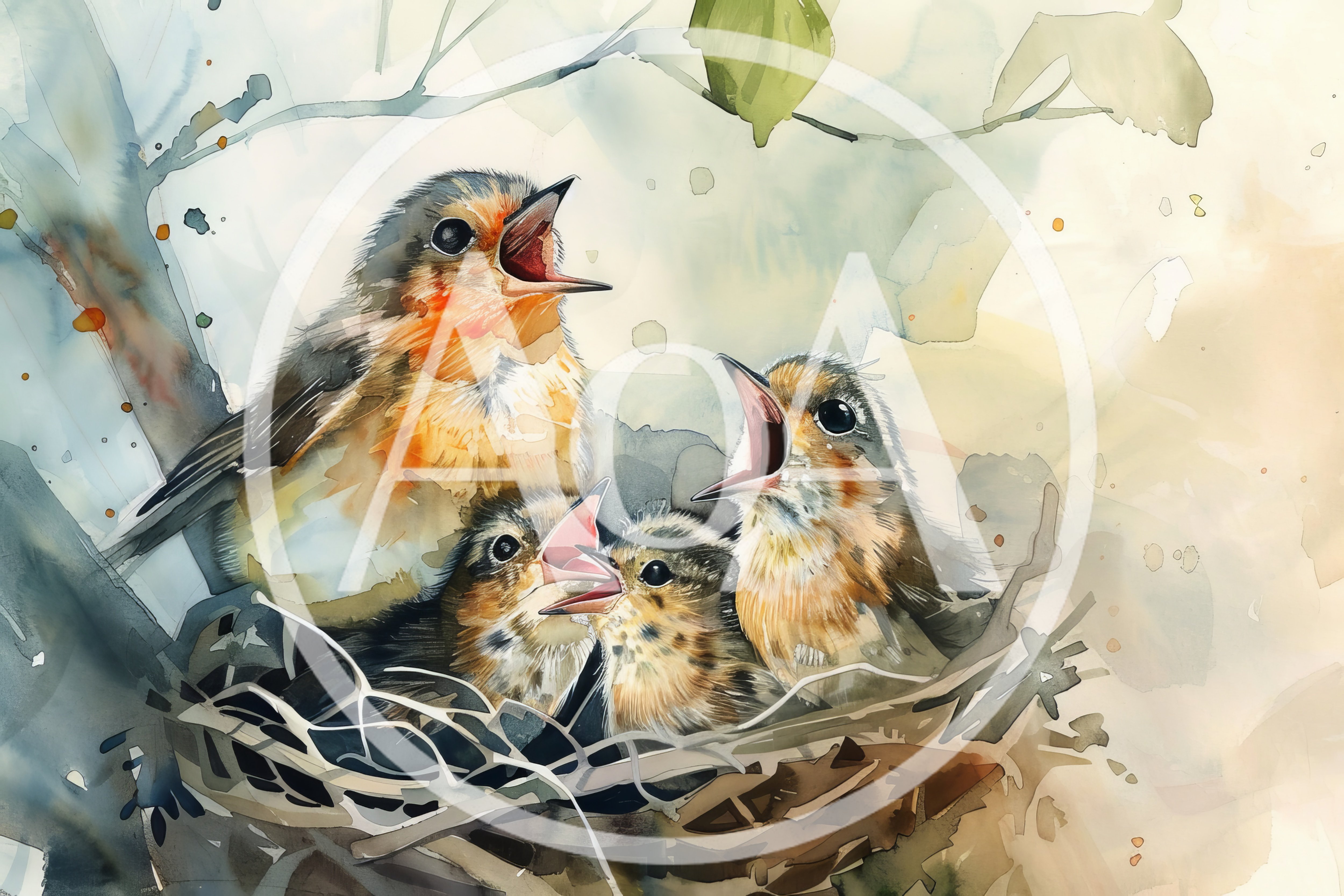 Watercolor Illustration Of Three Baby Birds In A Nest