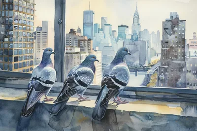 Three Pigeons Perched On A City Rooftop