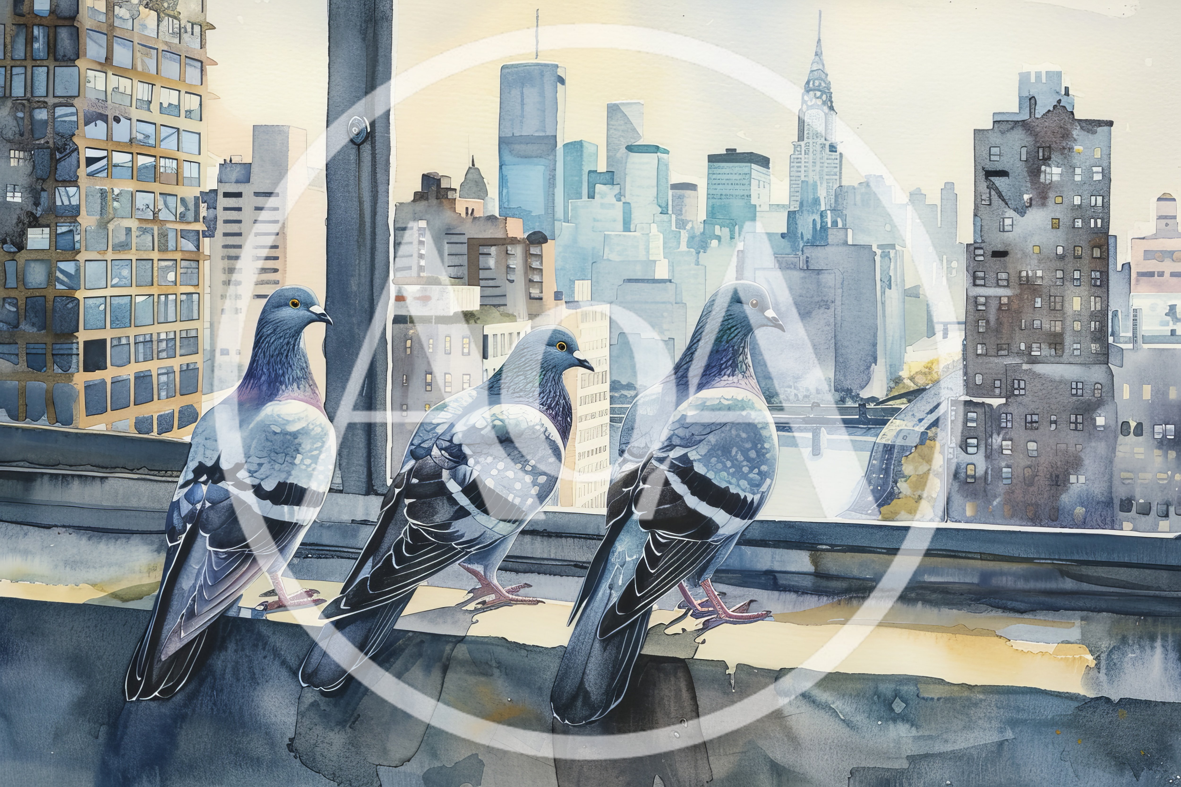 Three Pigeons Perched On A City Rooftop