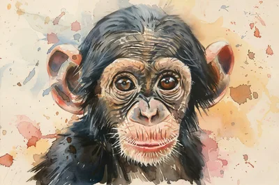 Watercolor Portrait Of A Young Chimpanzee