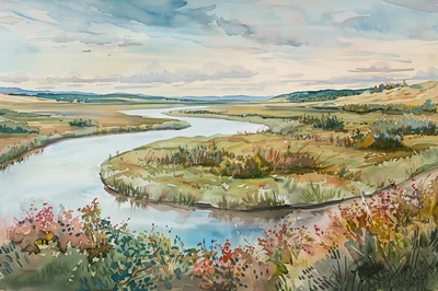 Watercolor Painting Of A Winding River Landscape
