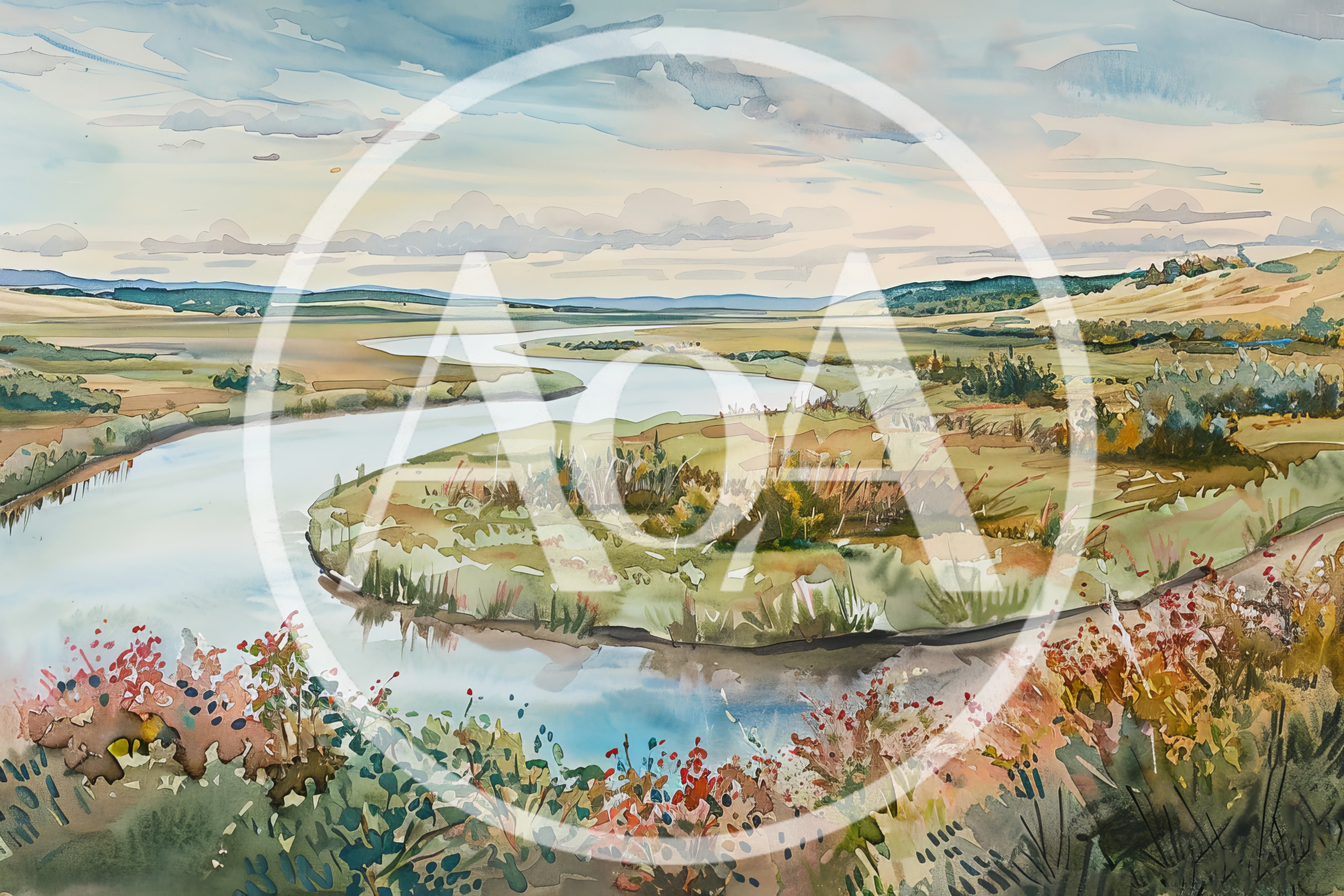Watercolor Painting Of A Winding River Landscape