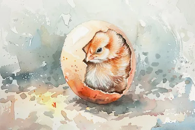 Watercolor Illustration Of A Baby Chick Hatching