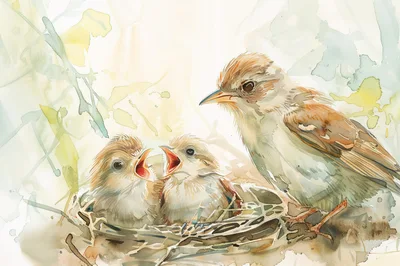 Watercolor Illustration of Mother Bird Feeding Two Chicks