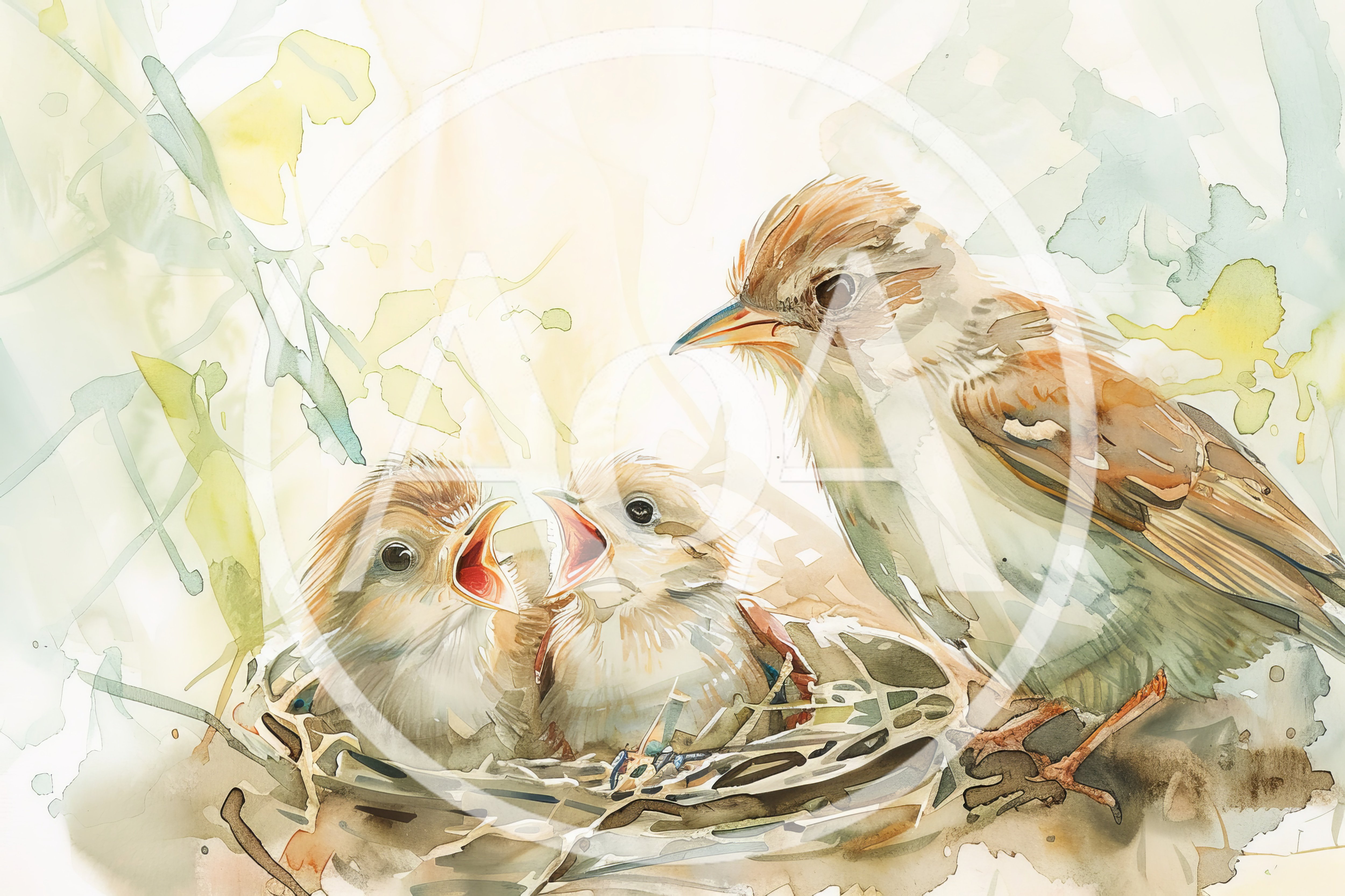 Watercolor Illustration of Mother Bird Feeding Two Chicks