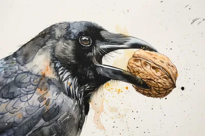 Watercolor Illustration Of A Raven Holding A Walnut