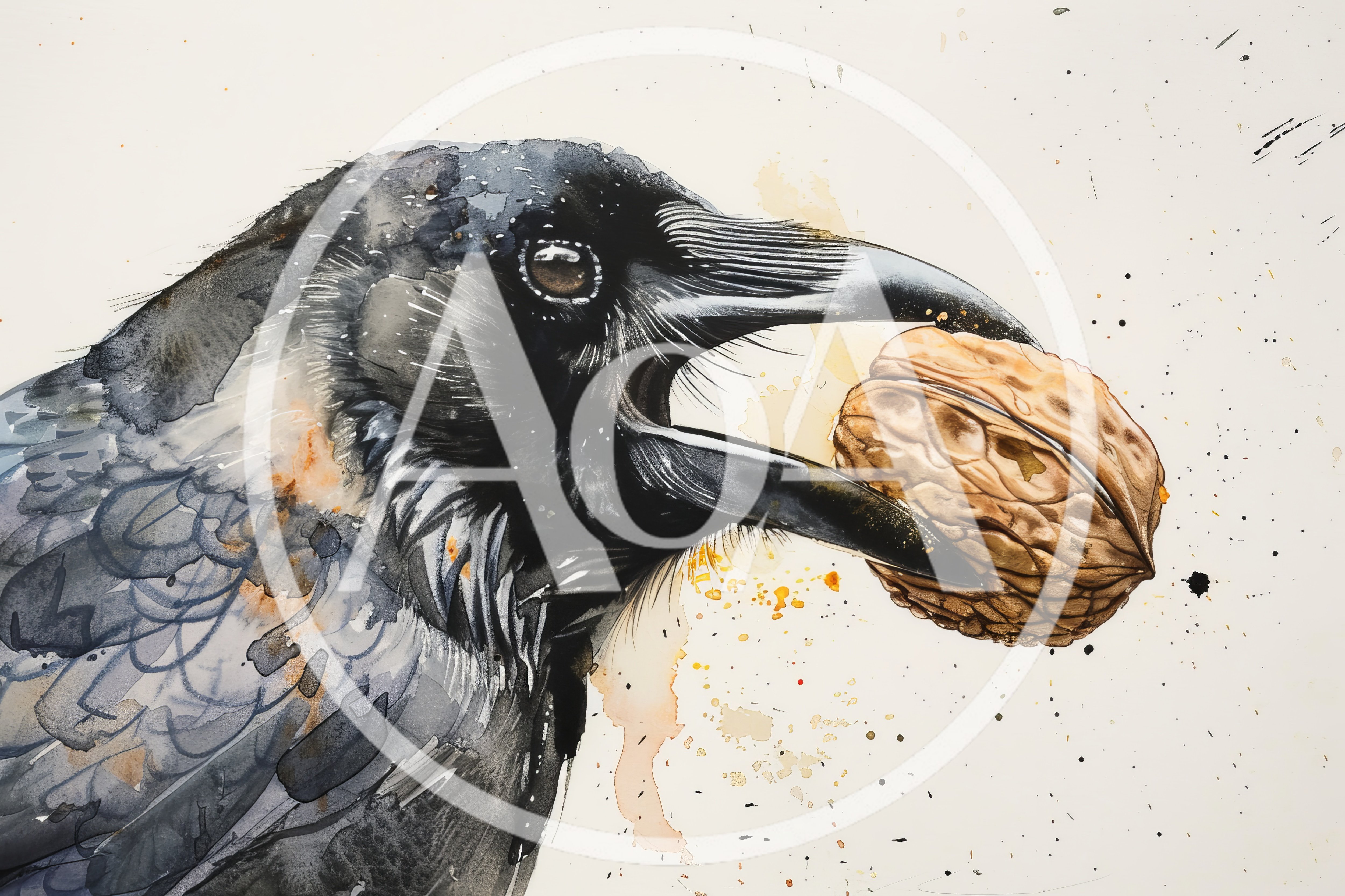 Watercolor Illustration Of A Raven Holding A Walnut