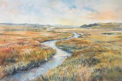 Watercolor Painting Of A Winding River Through Golden Meadows