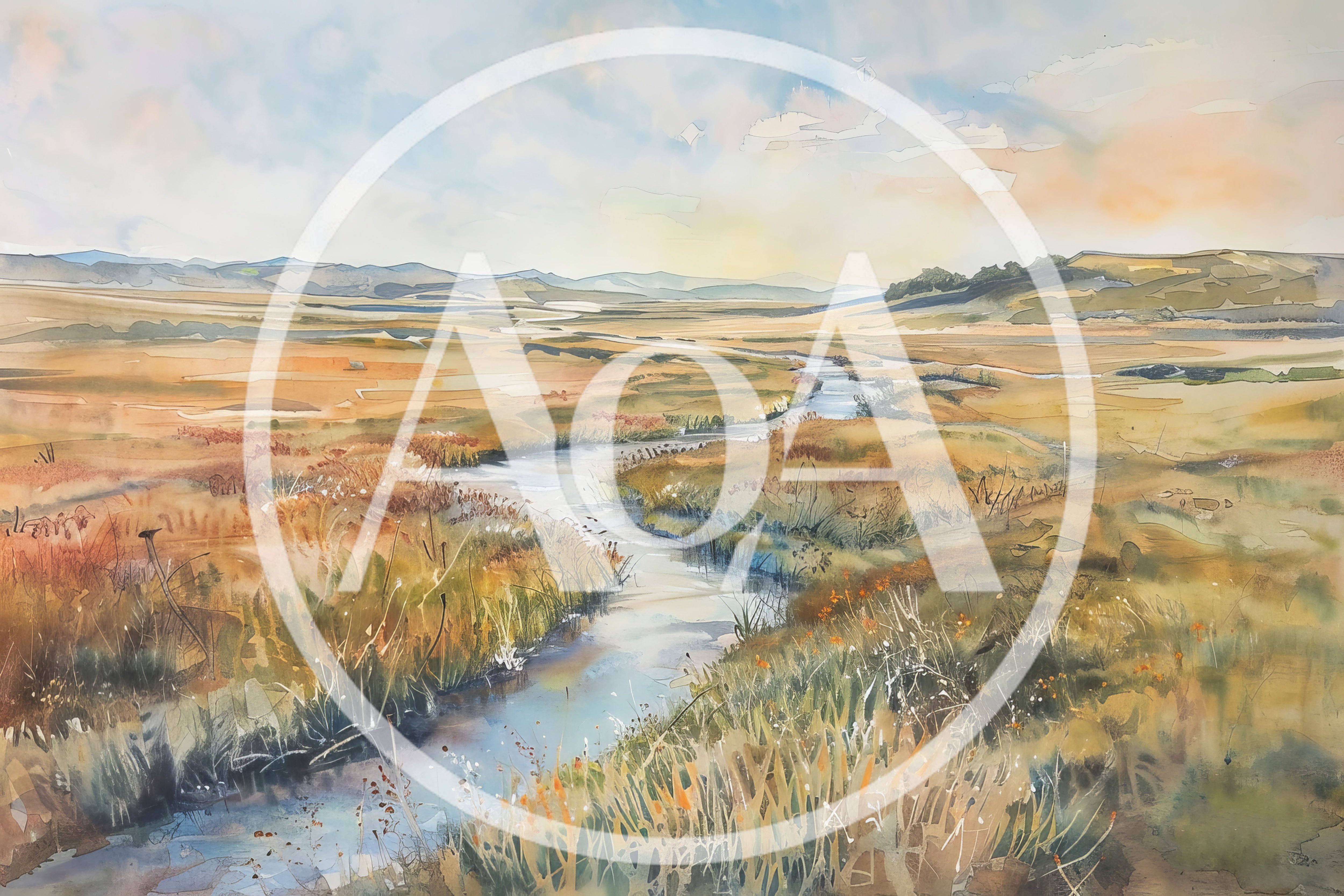 Watercolor Painting Of A Winding River Through Golden Meadows