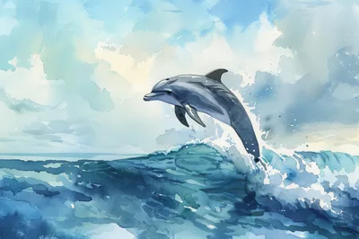 Watercolor Illustration Of A Dolphin Leaping From Ocean Waves