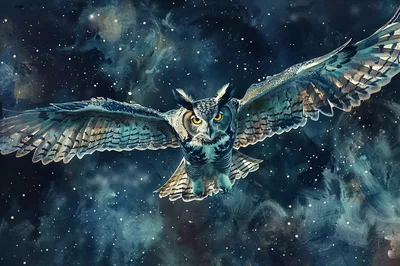 Great Horned Owl Flying Through A Starry Night Sky