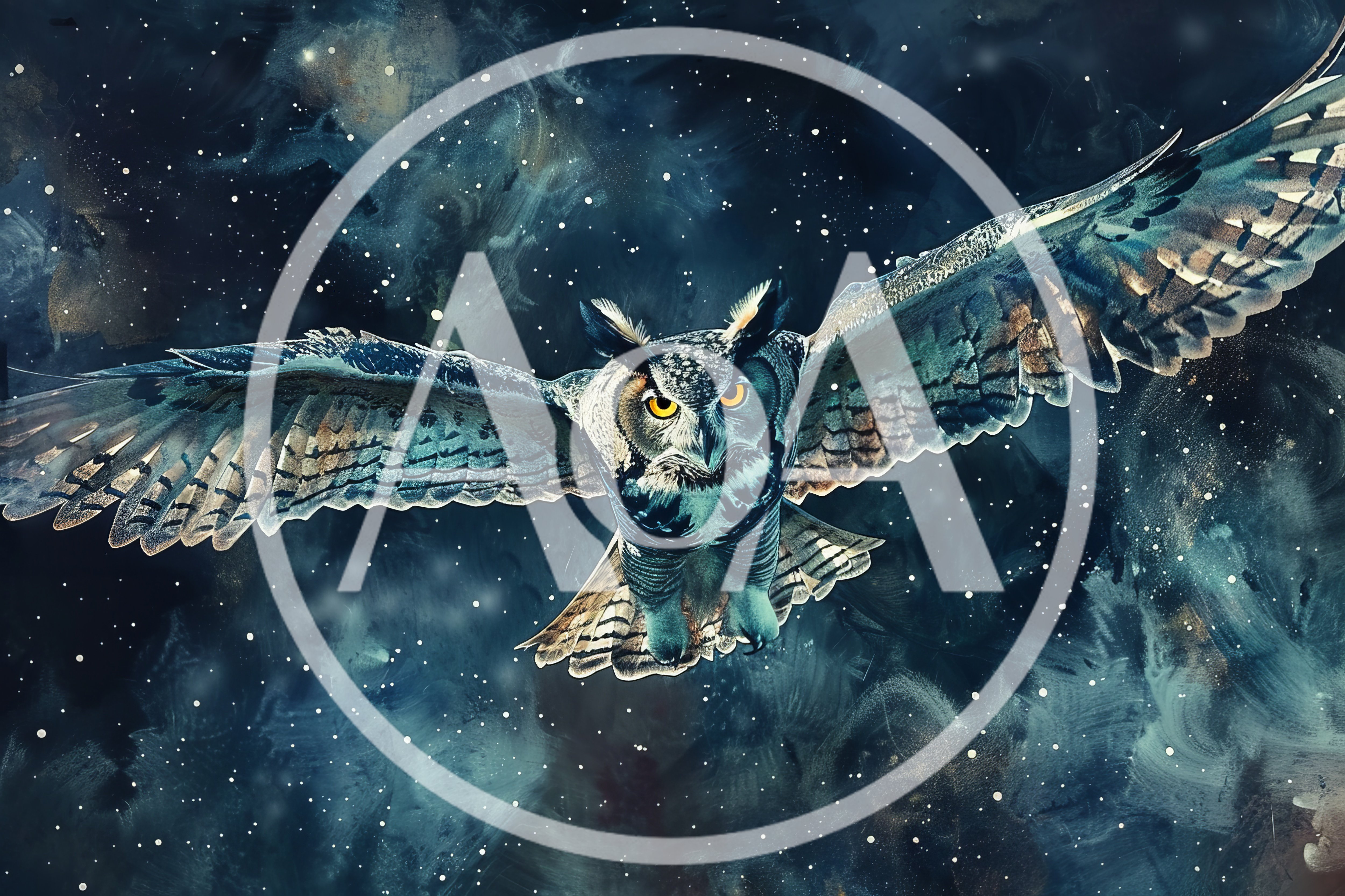 Great Horned Owl Flying Through A Starry Night Sky