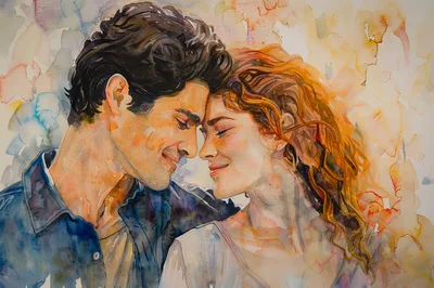 Watercolor Painting Of A Romantic Couple Embracing