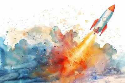 Watercolor Illustration Of A Rocket Launching Into Space