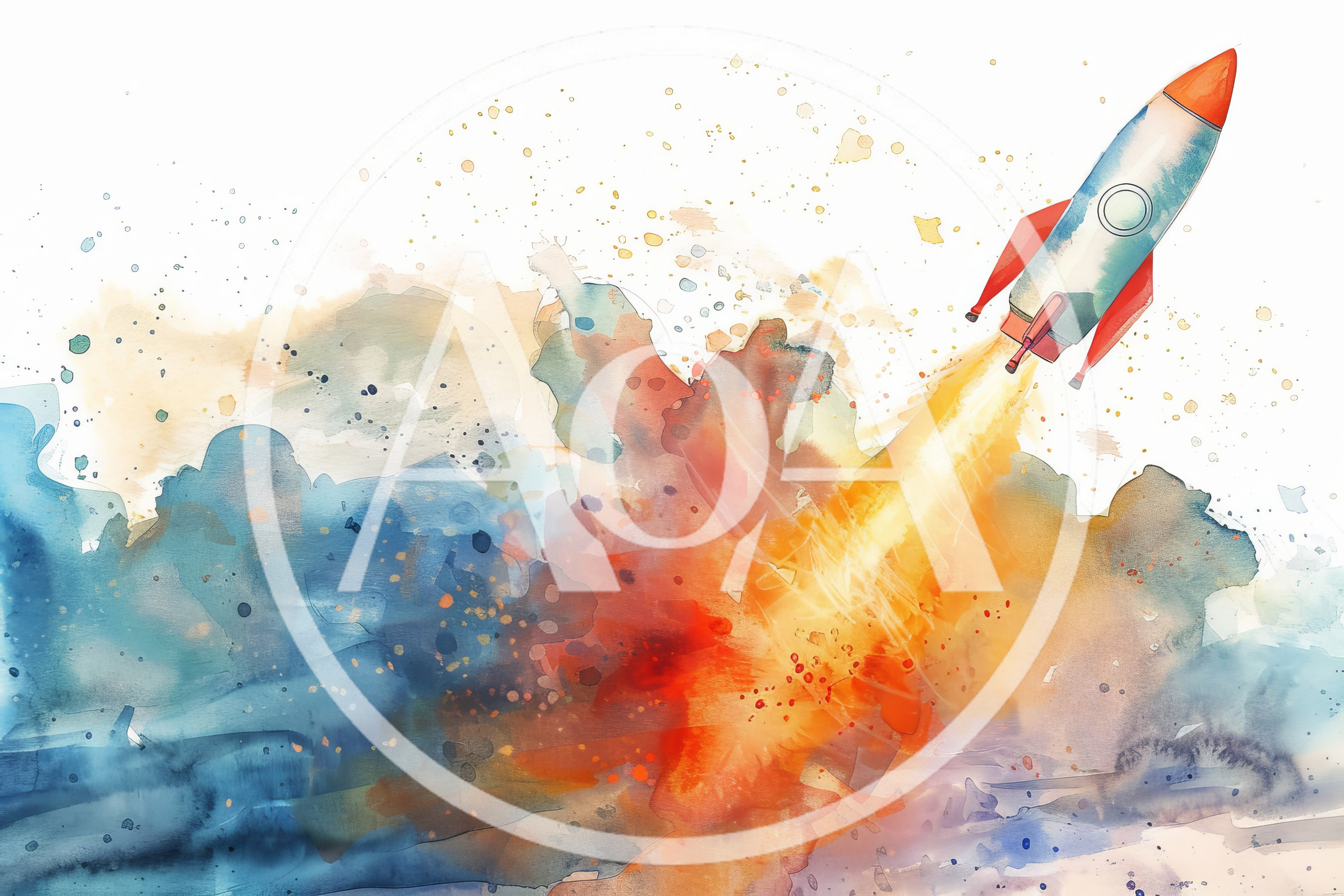 Watercolor Illustration Of A Rocket Launching Into Space