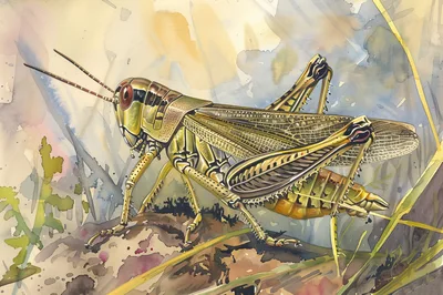 Watercolor Illustration Of A Detailed Grasshopper