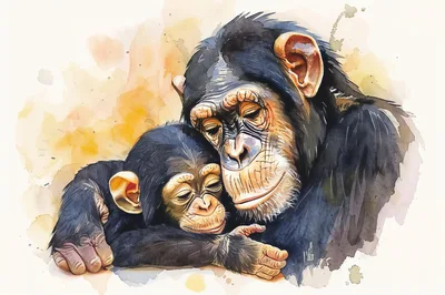 Watercolor Illustration Of A Mother Chimpanzee And Baby