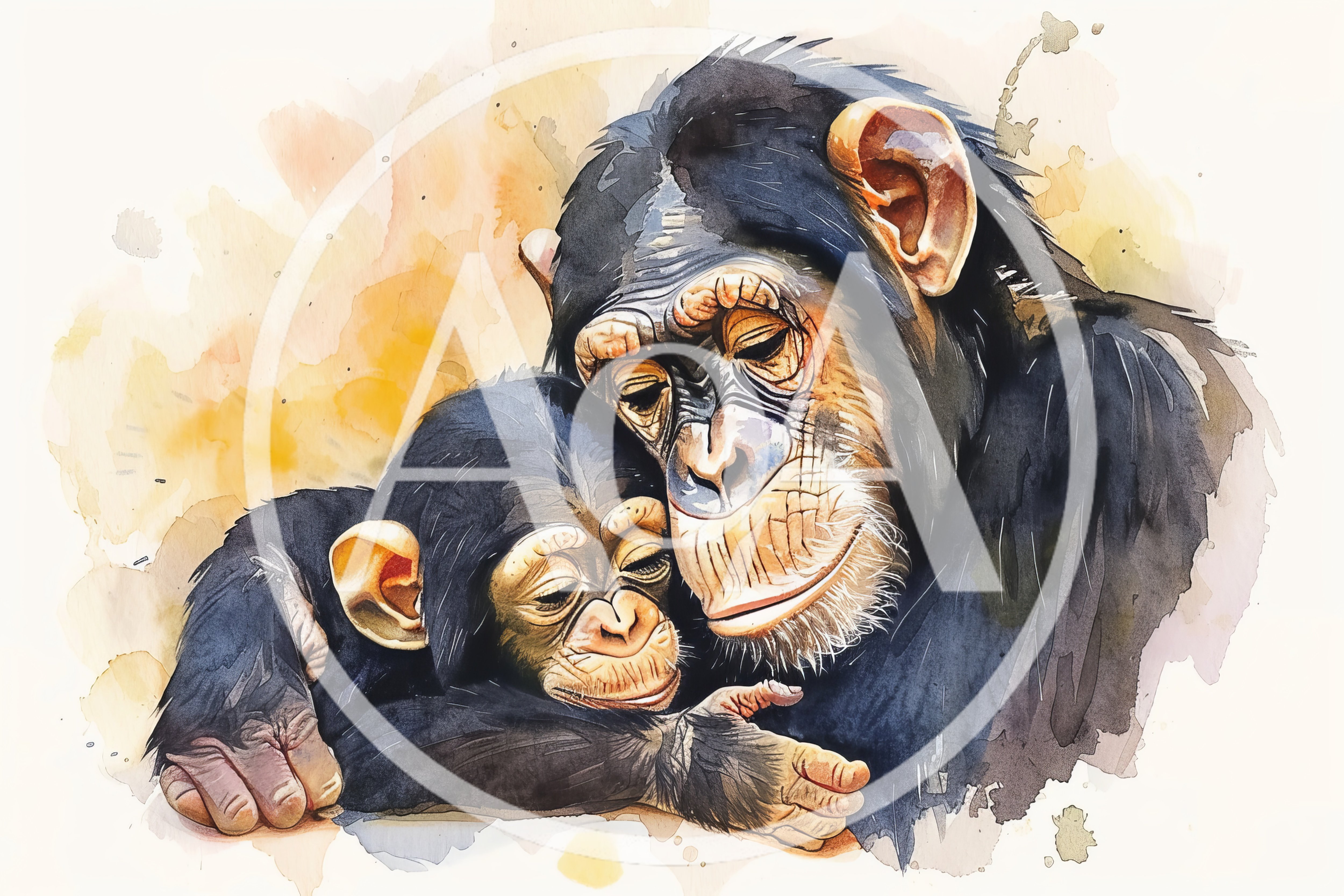 Watercolor Illustration Of A Mother Chimpanzee And Baby