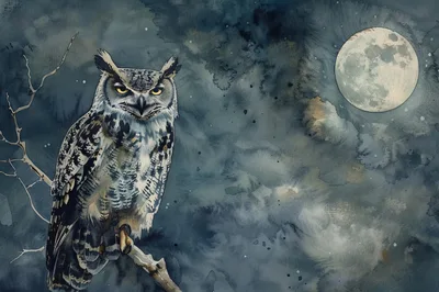 Great Horned Owl Perched Under Full Moon