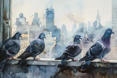 Four Pigeons Perched On A City Ledge