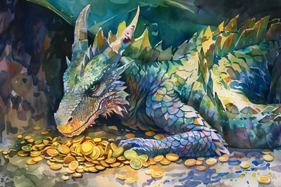 Watercolor Illustration Of A Dragon Guarding Gold Coins