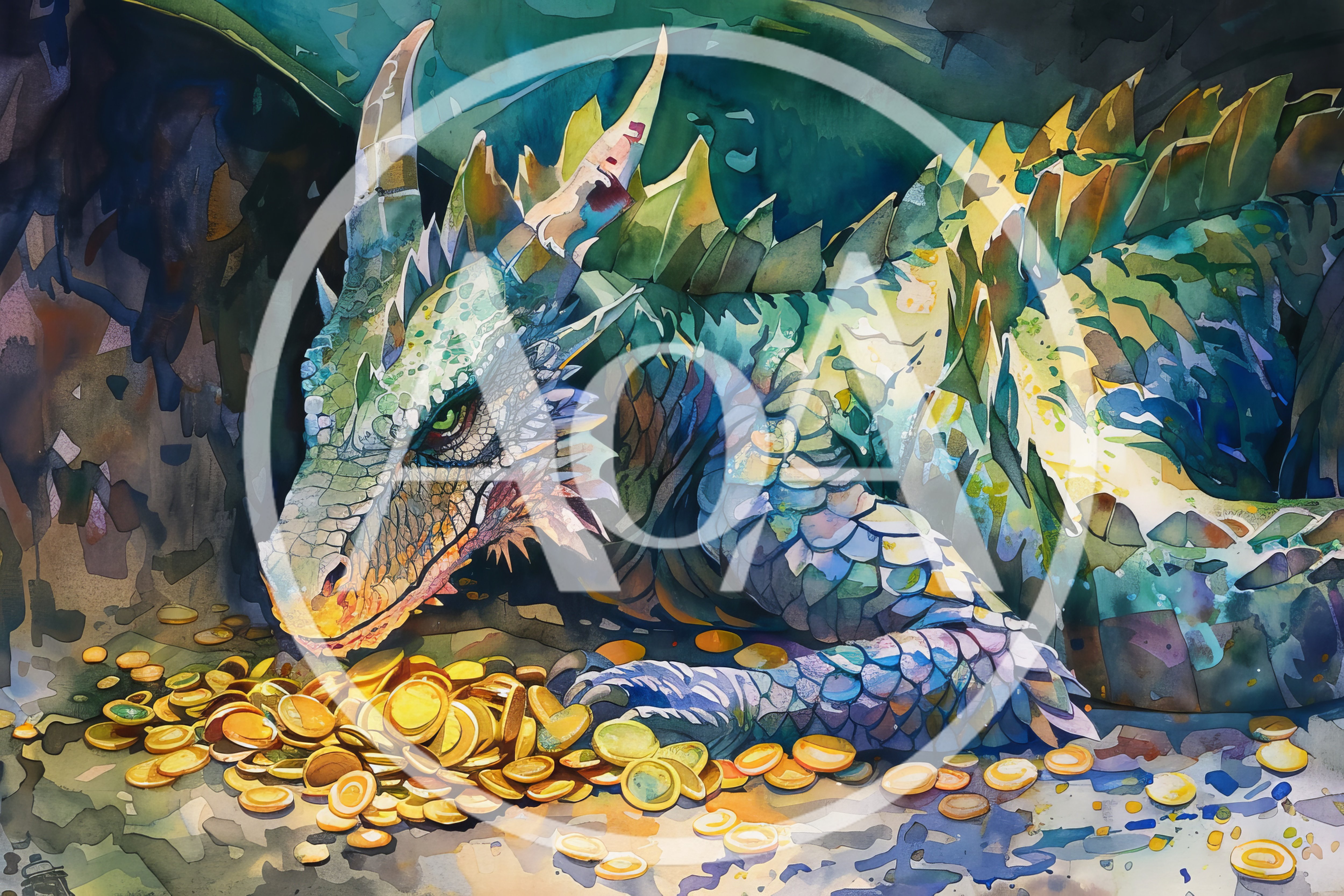 Watercolor Illustration Of A Dragon Guarding Gold Coins