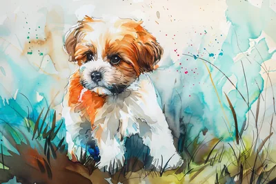 Watercolor Painting Of A Cute Shih Tzu Puppy