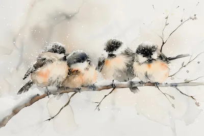 Four Fluffy Chickadees Perched On A Snowy Branch