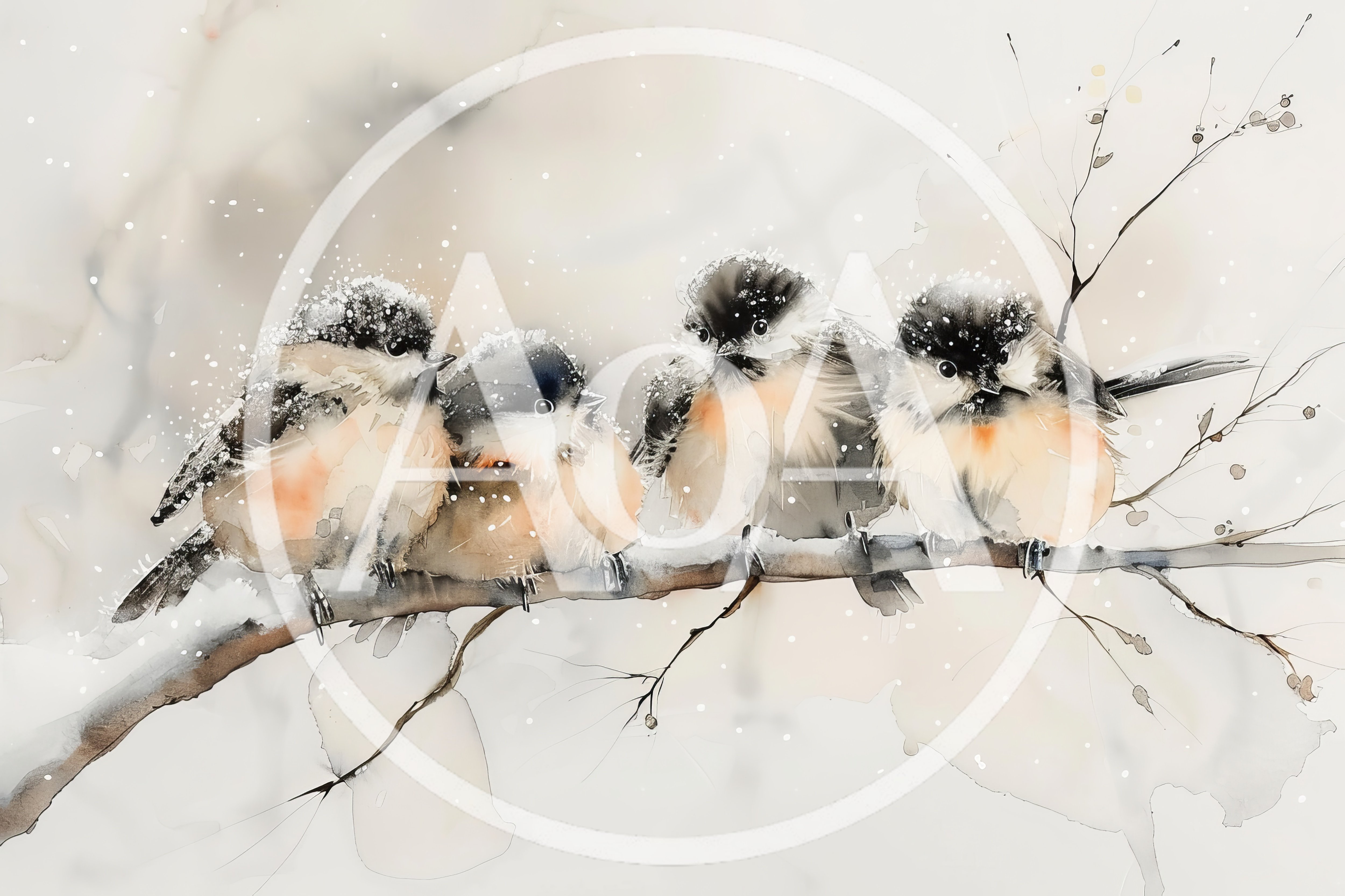 Four Fluffy Chickadees Perched On A Snowy Branch