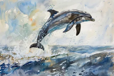 Watercolor Painting Of A Dolphin Leaping From The Ocean