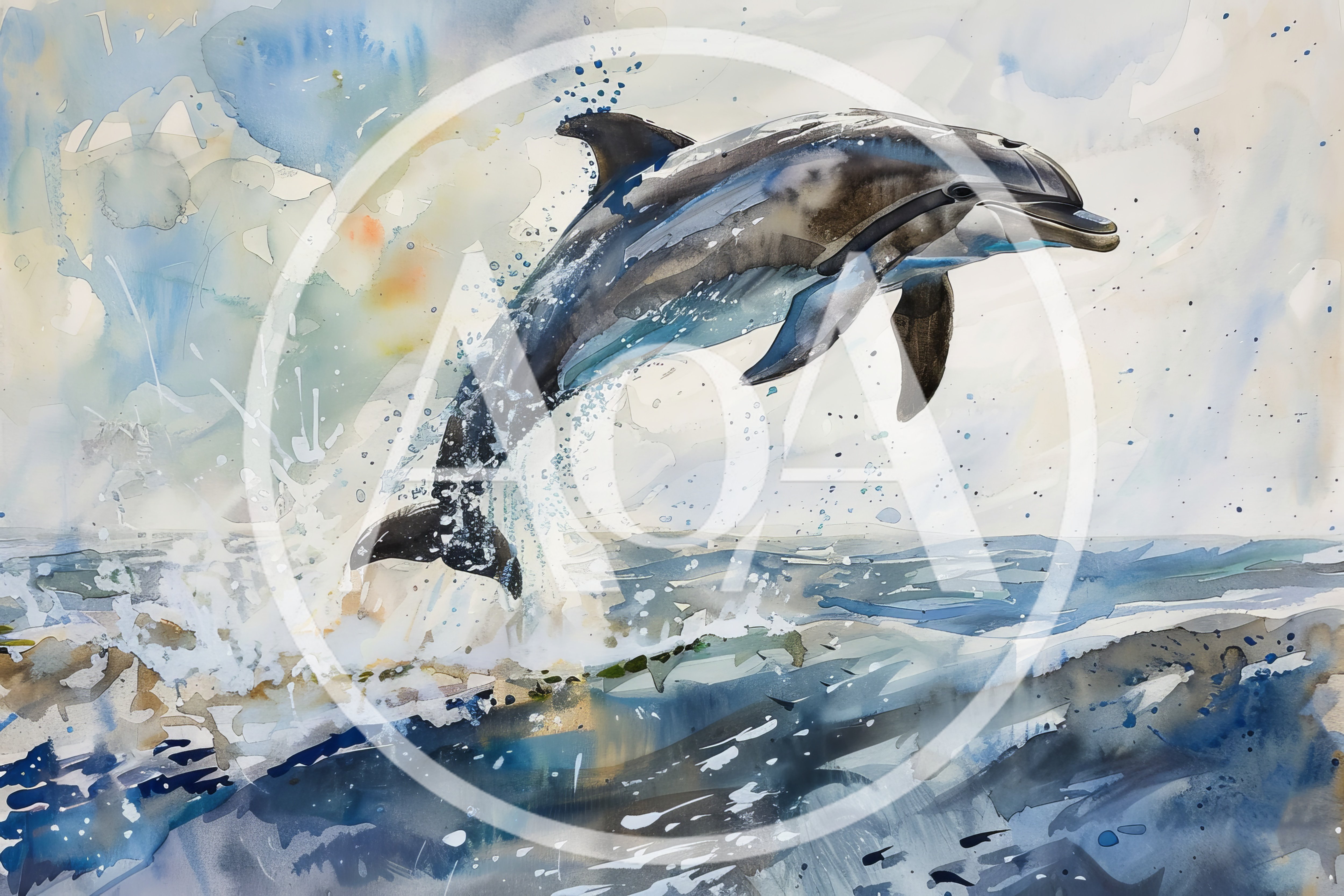 Watercolor Painting Of A Dolphin Leaping From The Ocean