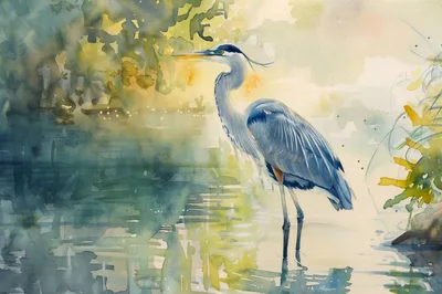 Watercolor Painting Of A Great Blue Heron