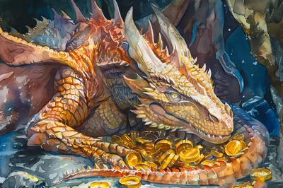Golden Dragon Guarding A Hoard Of Treasure