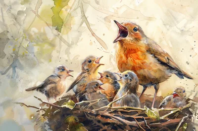 Watercolor Illustration Of A Mother Bird Feeding Chicks