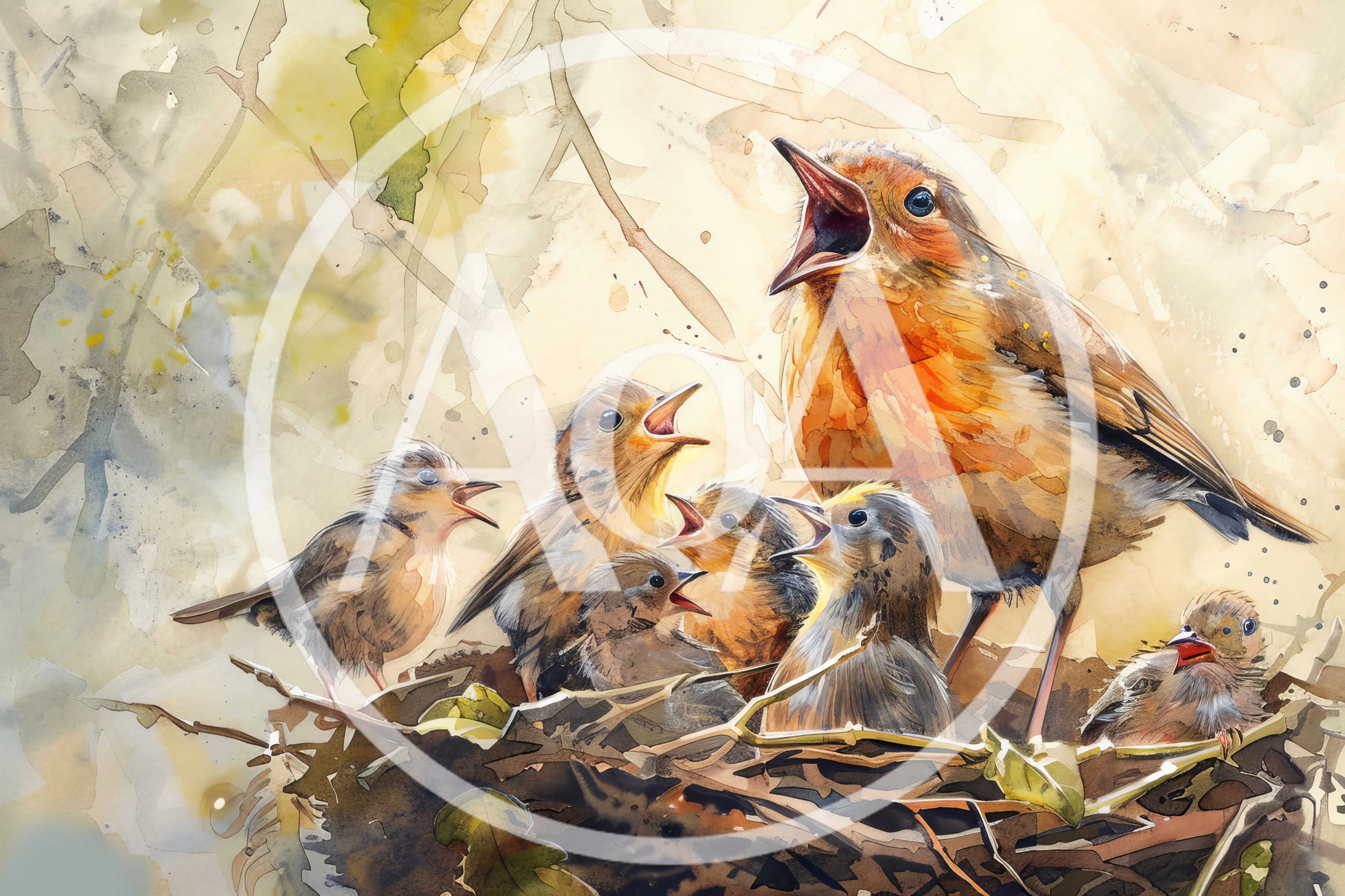 Watercolor Illustration Of A Mother Bird Feeding Chicks