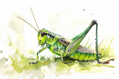 Watercolor Illustration Of A Green Grasshopper