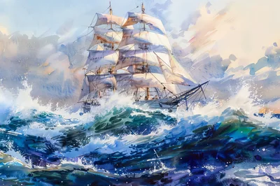 Tall Ship Sailing Through Rough Stormy Seas