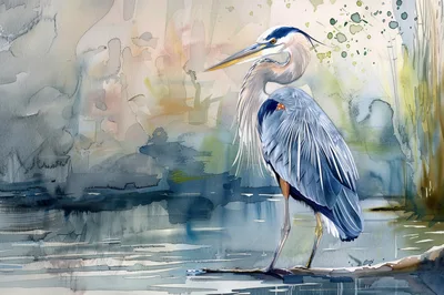 Watercolor Painting Of A Great Blue Heron