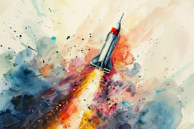 Watercolor Illustration Of A Rocket Launching Into Space