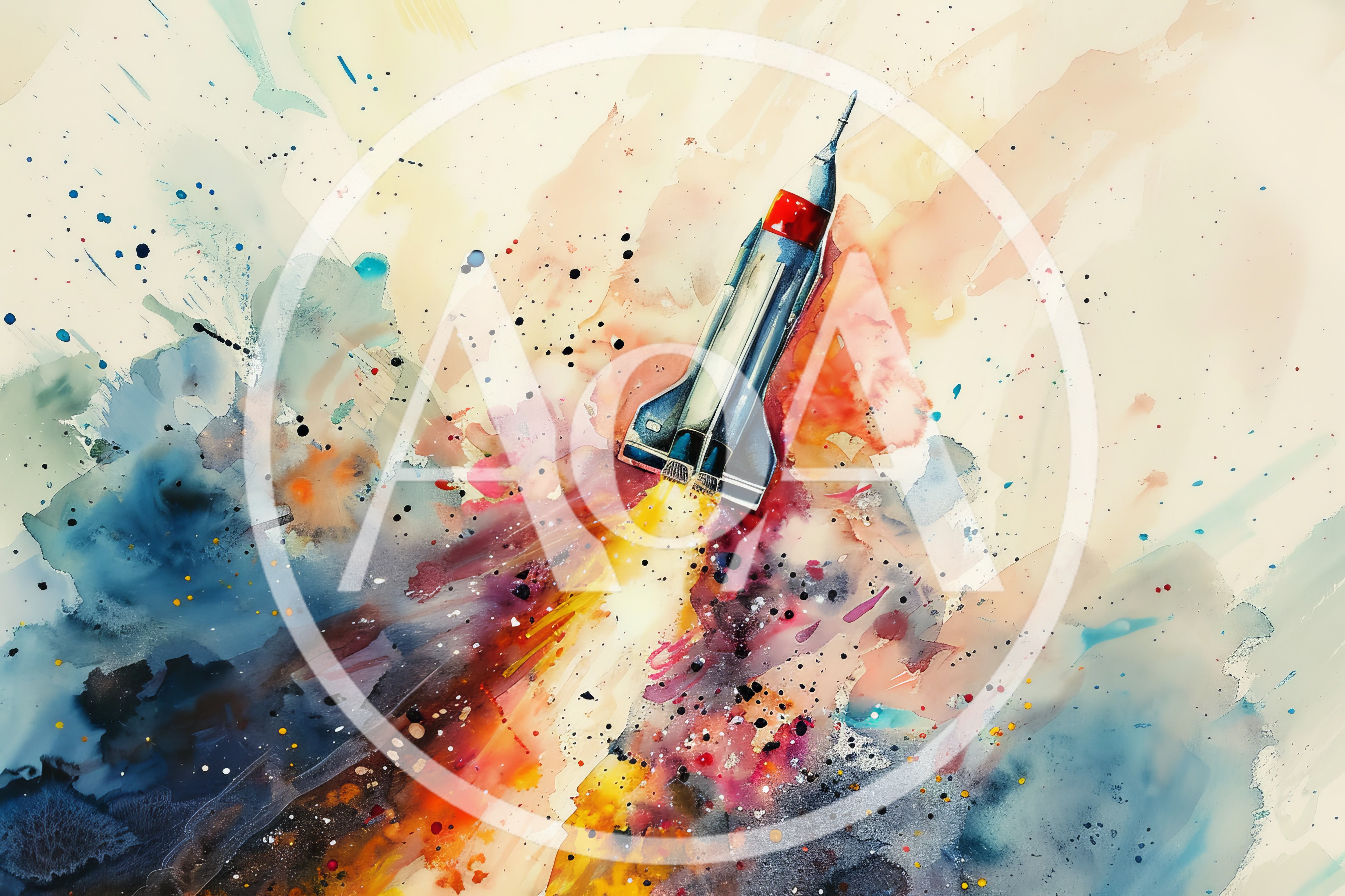 Watercolor Illustration Of A Rocket Launching Into Space
